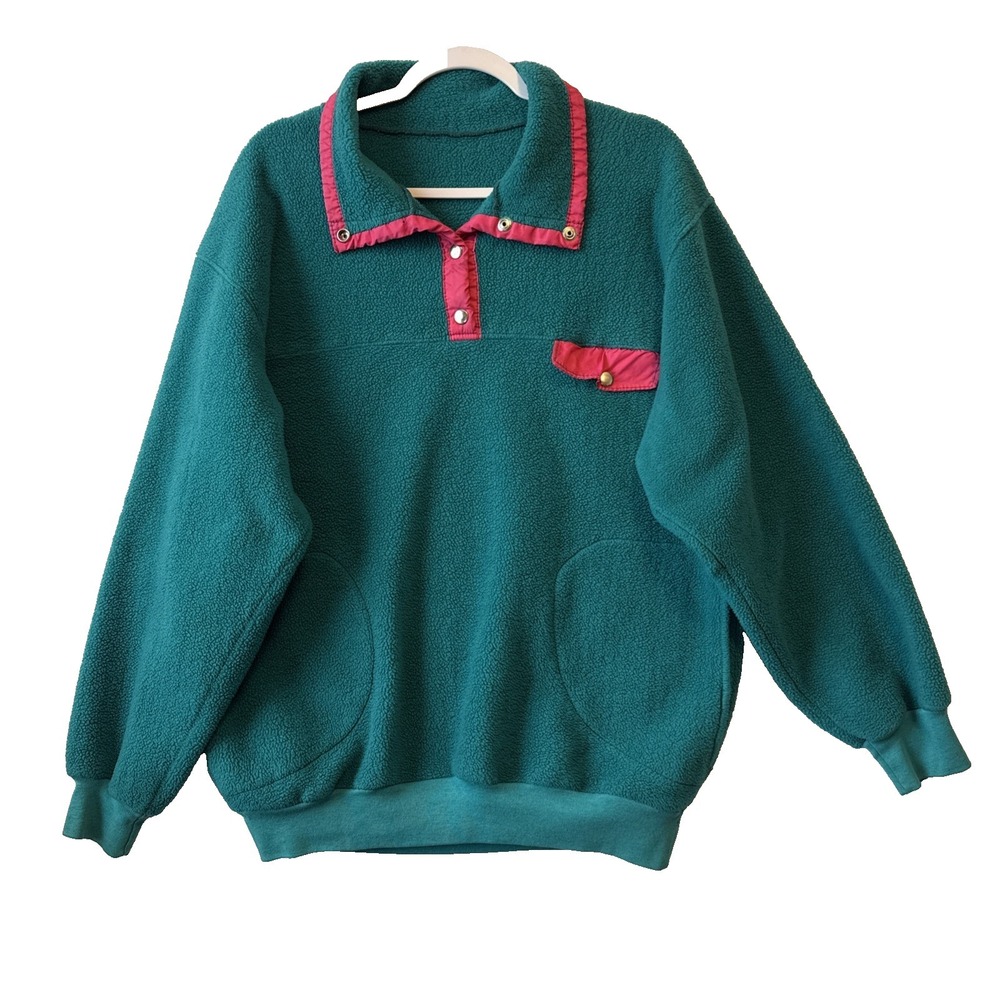 Retro Teal Pink 1/4 Snap Pullover Fleece Women's XL Y2K Outdoors Layering Warm